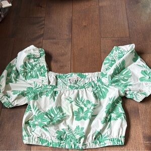 American Eagle Green and White Puff Sleeve Smocked Crop Blouse